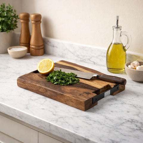 Artisan Sheesham Wood Cutting Board with Iron Side Handles - Medium