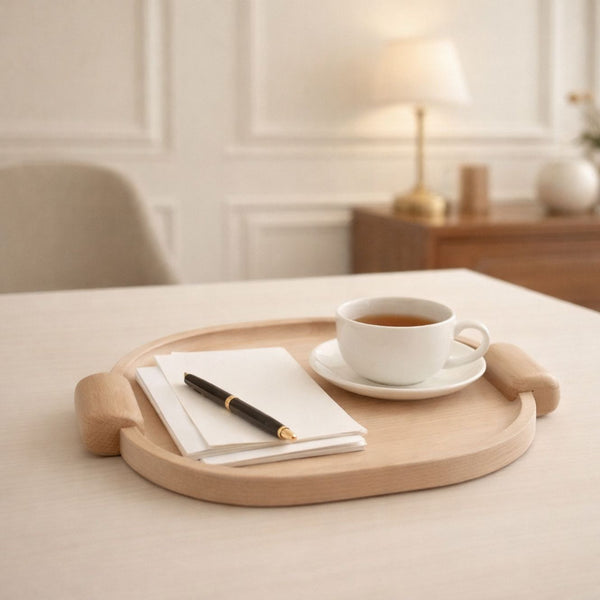 Handcrafted Elliptical Wooden Tray with Integrated Rounded Handles With Natural Finish - Small