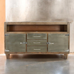 FS Plasma Console TV Unit, Solid Wood & Aluminium, Industrial Style Storage Cabinet