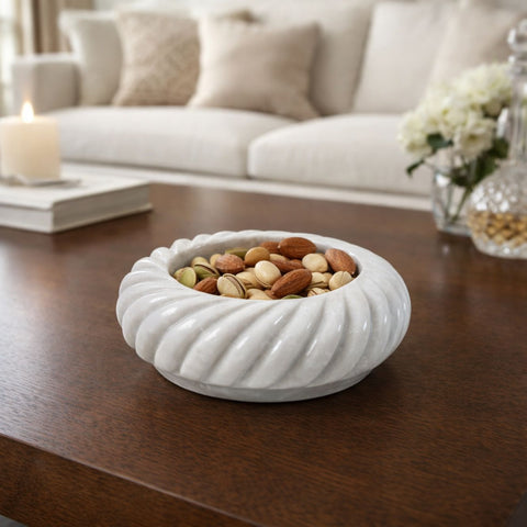 Vortex Hand-Sculptured White Marble Spiral-Ribbed Bowl  - Small
