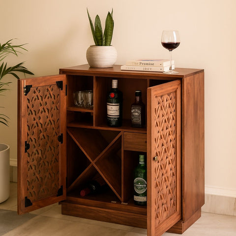 Kalpana Mango Wood Bar Cabinet with Hand-Carved Door Design