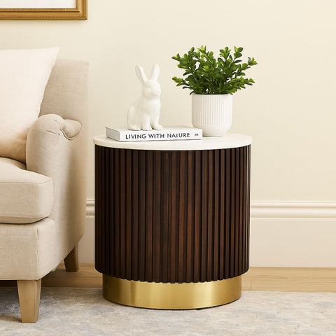 Round Mango Wood Lamp Table with Fluted Base & Marble Top