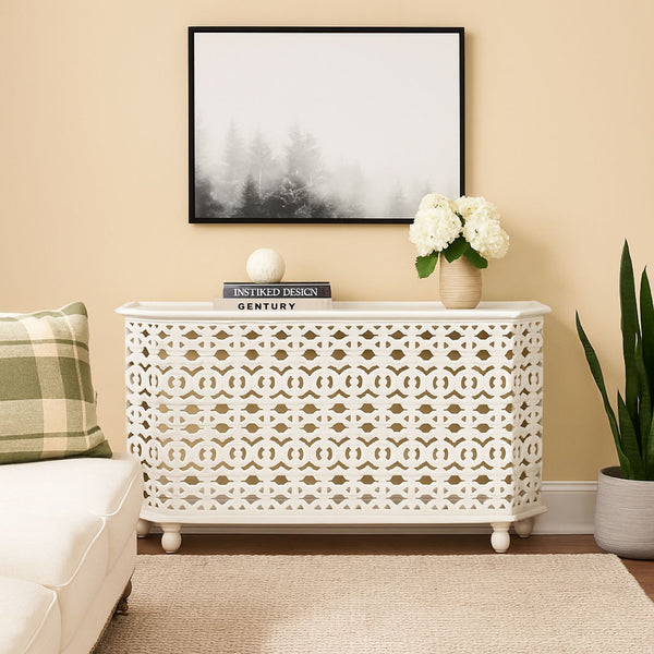 Marguerite Hand-Carved White Floral Credenza