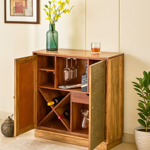 Kittur Mango Wood Bar Cabinet with Carved Door Detailing