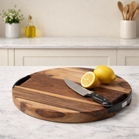Round Sheesham Wood Cutting Board with Dual Iron Side Handles - Medium