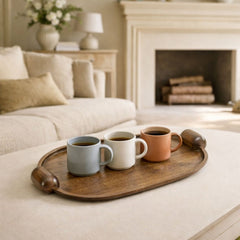 Handcrafted Elliptical Wooden Tray with Integrated Rounded Handles With Flat Walnut Finish - Large