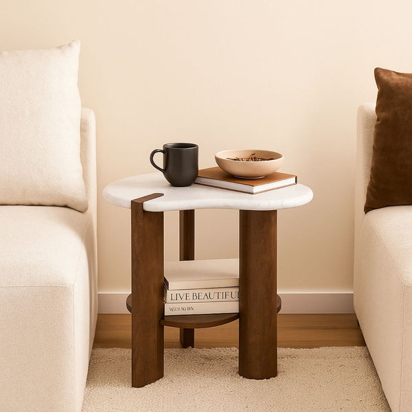 Modern Marble Top Side Table with Wooden Legs
