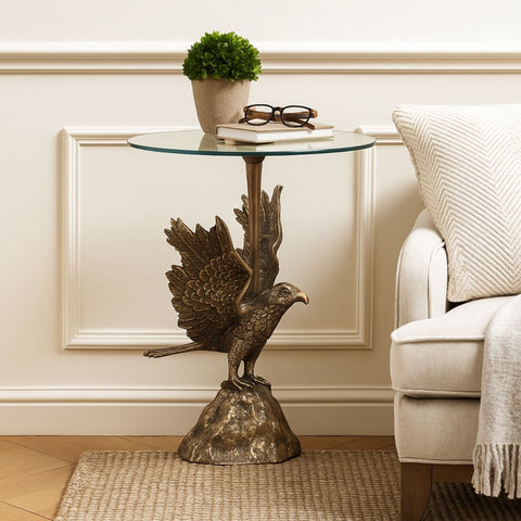 Eagle Design Metal End Table with Glass Top