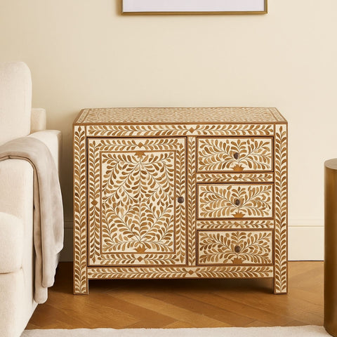 Splendid Leaves 3-Drawer Mango Wood Cabinet