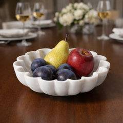 Nebula  Hand-Sculptured White Marble Scalloped Petal Bowl - Small