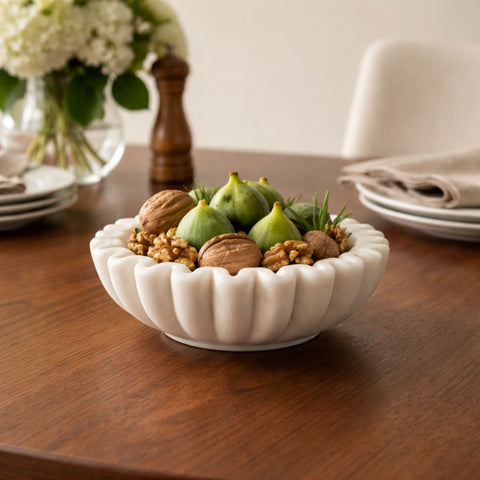 Hand-Sculpted White Marble Ruffled Decorative Bowl -  Small