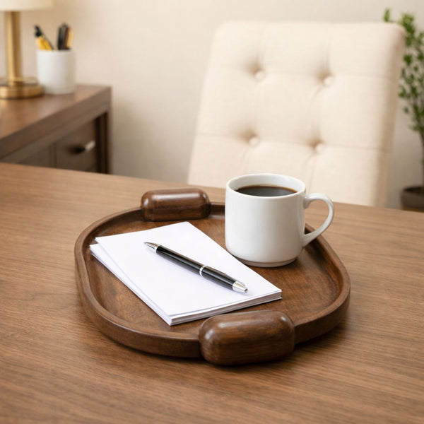 Handcrafted Elliptical Wooden Tray with Integrated Rounded Handles With Flat Walnut Finish - Small