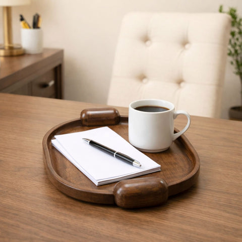 Handcrafted Elliptical Wooden Tray with Integrated Rounded Handles With Flat Walnut Finish - Small