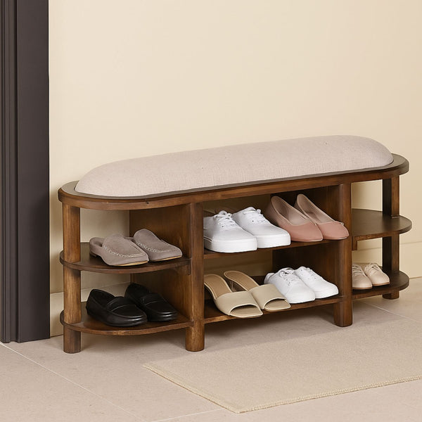 Mango Wood Shoe Rack with Upholstered Seating Bench