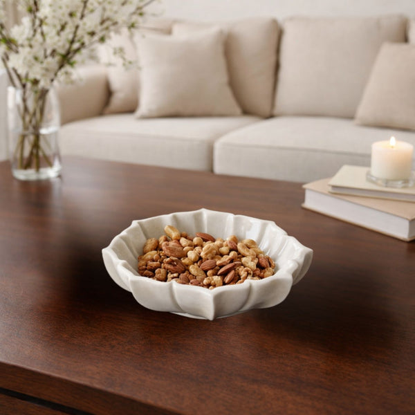 Hand-Sculptured White Marble Scalloped Petal Bowl - Small