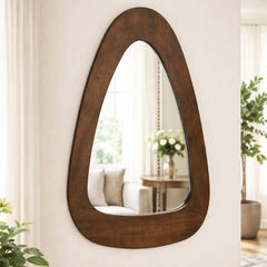 Wooden Organic Shape Wall Mirror — Mango Wood, Walnut Finish