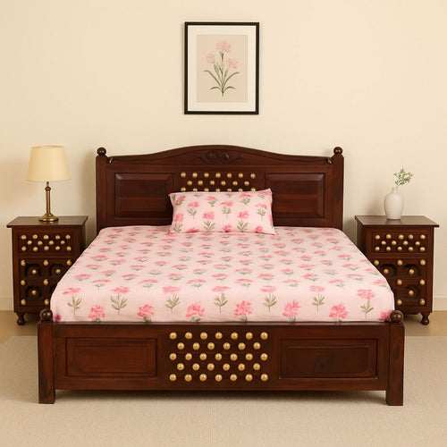 Haveli Sheesham Wood Queen Bed with Traditional Brass Detailing