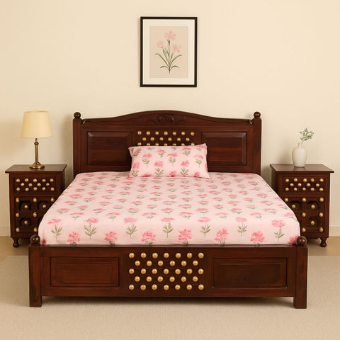 Haveli Sheesham Wood Queen Bed with Traditional Brass Detailing