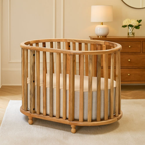 Handcrafted Mango Wood Baby Crib with Fabric Cushioning