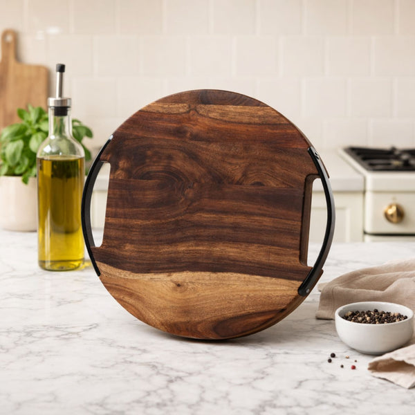 Round Sheesham Wood Cutting Board with Dual Iron Side Handles - Small