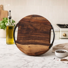 Round Sheesham Wood Cutting Board with Dual Iron Side Handles - Small