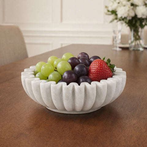 Hand-Sculpted White Marble Ruffled Decorative Bowl -  Medium