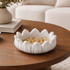 Anahata  Hand-Sculptured White Marble Lotus Crown Bowl - Large