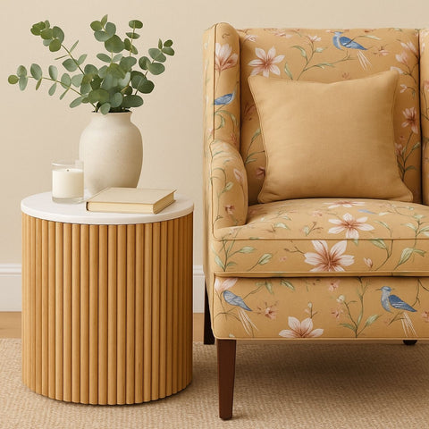 Karlen Round Side Table – Mango Wood & Marble