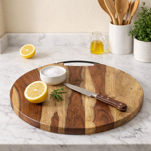 Round Sheesham Wood Cutting Board with Curved Iron Handle - Large