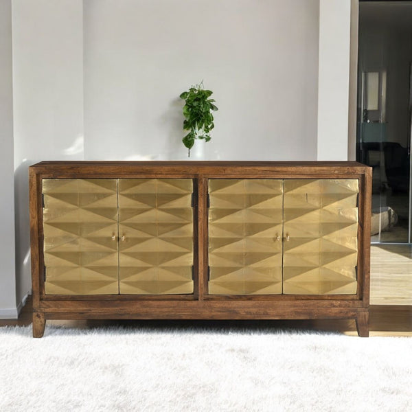 FS Alby Mango Wood Sideboard, 4 Door with Gold Geometric Front Design