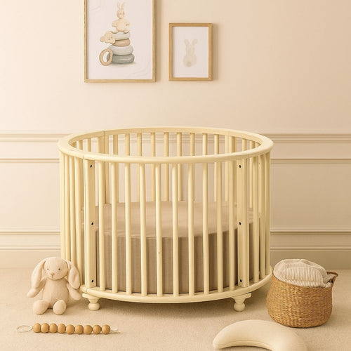Round Mango Wood Baby Crib with Soft Fabric Mattress