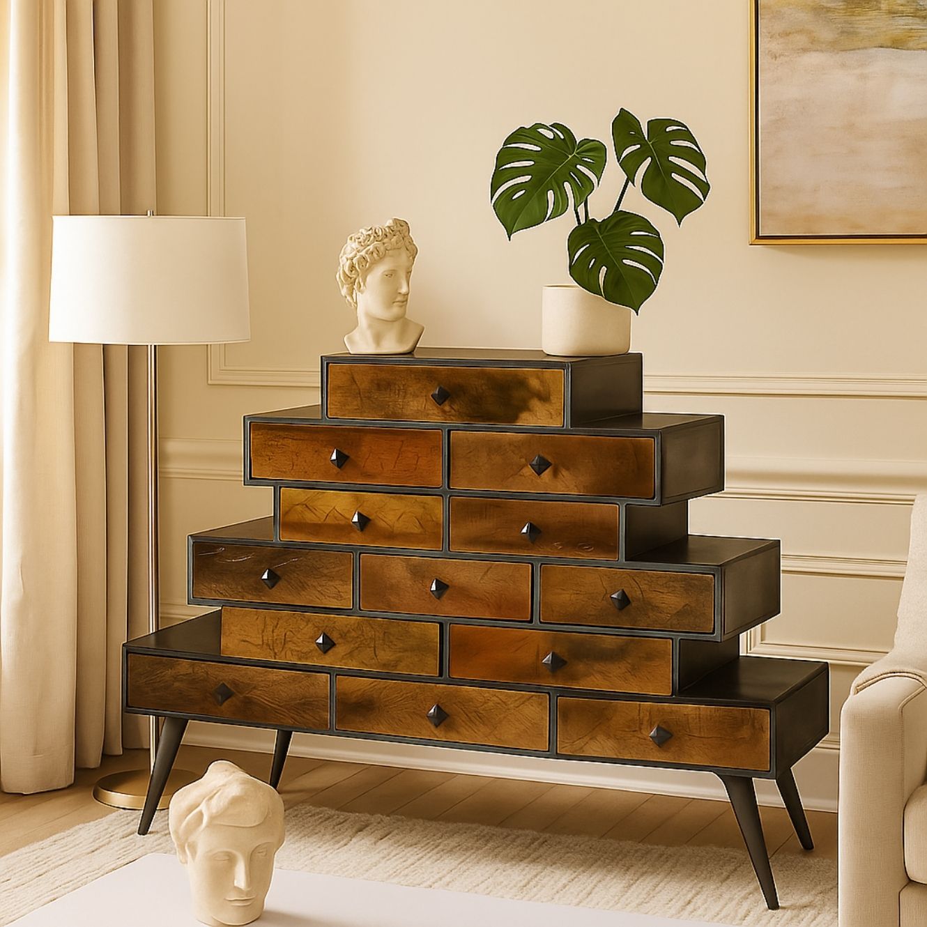 Llywelyn 13-Drawer Mango Wood & Iron Tower