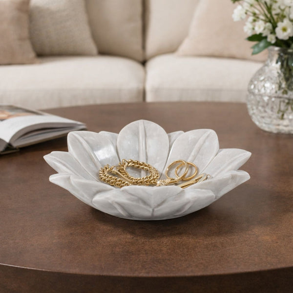 Hand -Carved Decorative White Marble Lotus Bowl - Large