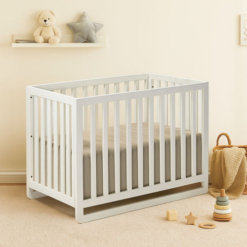 White Finish Mango Wood Baby Crib with Fabric Mattress