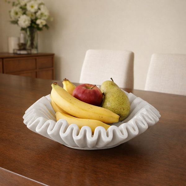 Hand-Sculpted White Marble Ruffled Decorative Bowl - Extra Large