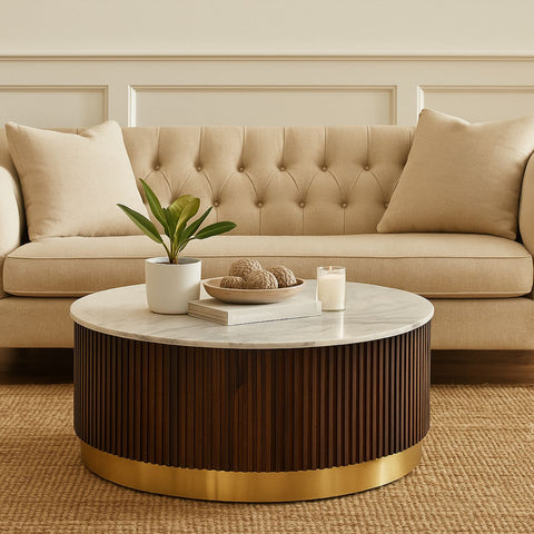 Round Mango Wood Coffee Table with Fluted Base & Marble Top