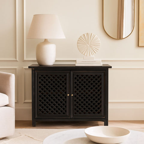 Colonial Style Black Lattice Mango Wood 2-Door Cabinet