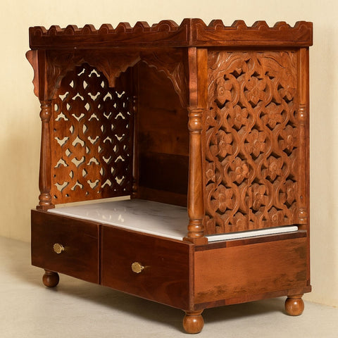 Handcrafted Sheesham Wood Temple with Marble Base