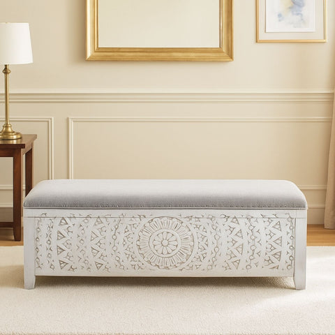 Carved Lace Storage Bench with Upholstered Top