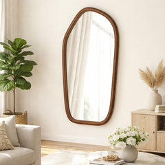 Modern Wooden Organic Shape Mirror – Mango Wood Frame, Flat Walnut Finish