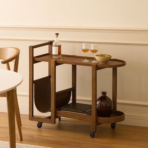 Elara Mango Wood Serving Trolley with Leather Holder