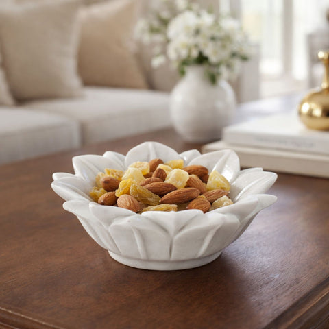 Hand -Carved Decorative White Marble Lotus Bowl - Medium