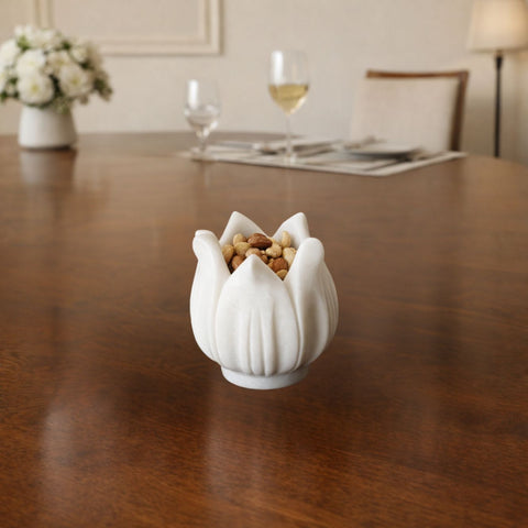 Hand-Sculptured White Marble Floral Petal Bowl - Medium