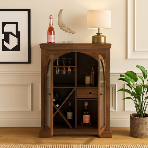 Arched Mango Wood & Glass Bar Cabinet with Storage