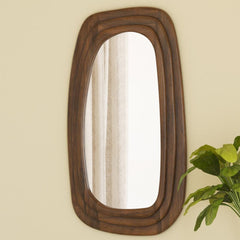Wooden Organic Shape Mirror – Modern Mango Wood Wall Mirror in Flat Walnut Finish