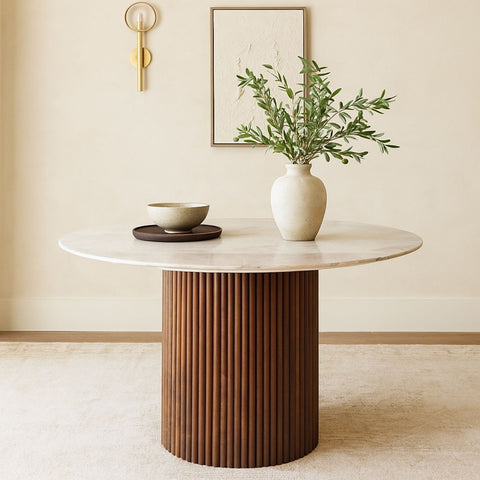 Karlen Round Dining Table – Fluted Wooden Base with White Marble Top