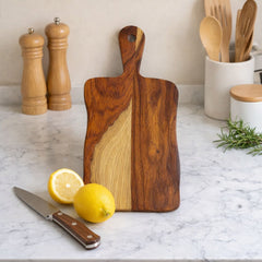 Hand-Carved Live Edge Sheesham Wood Cutting Board with Paddle Handle -Small