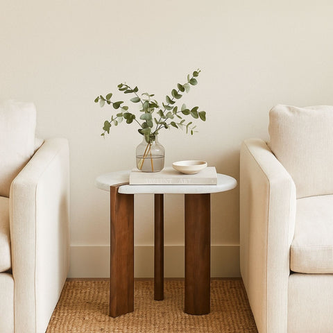 Modern Marble Top Side Table with Wooden Legs
