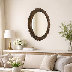 Modern Round Mango Wood Wall Mirror with Hand-Carved Frame – Flat Walnut Finish