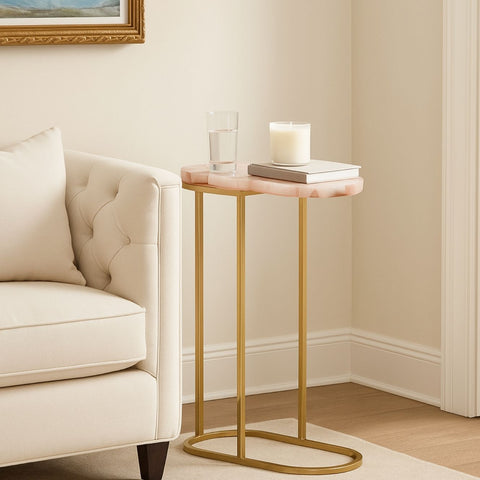 Pink Agate End Table with Golden Metal Base